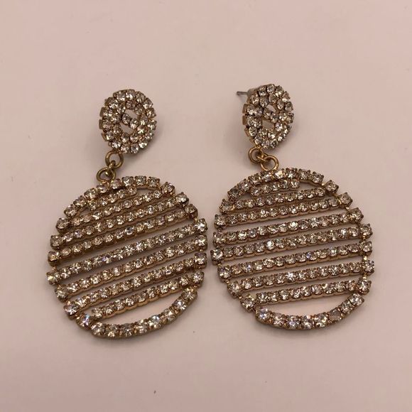Vintage Statement Rhinestone Clear Crystal Circles Pierced Earrings Gold Tone - Picture 1 of 6